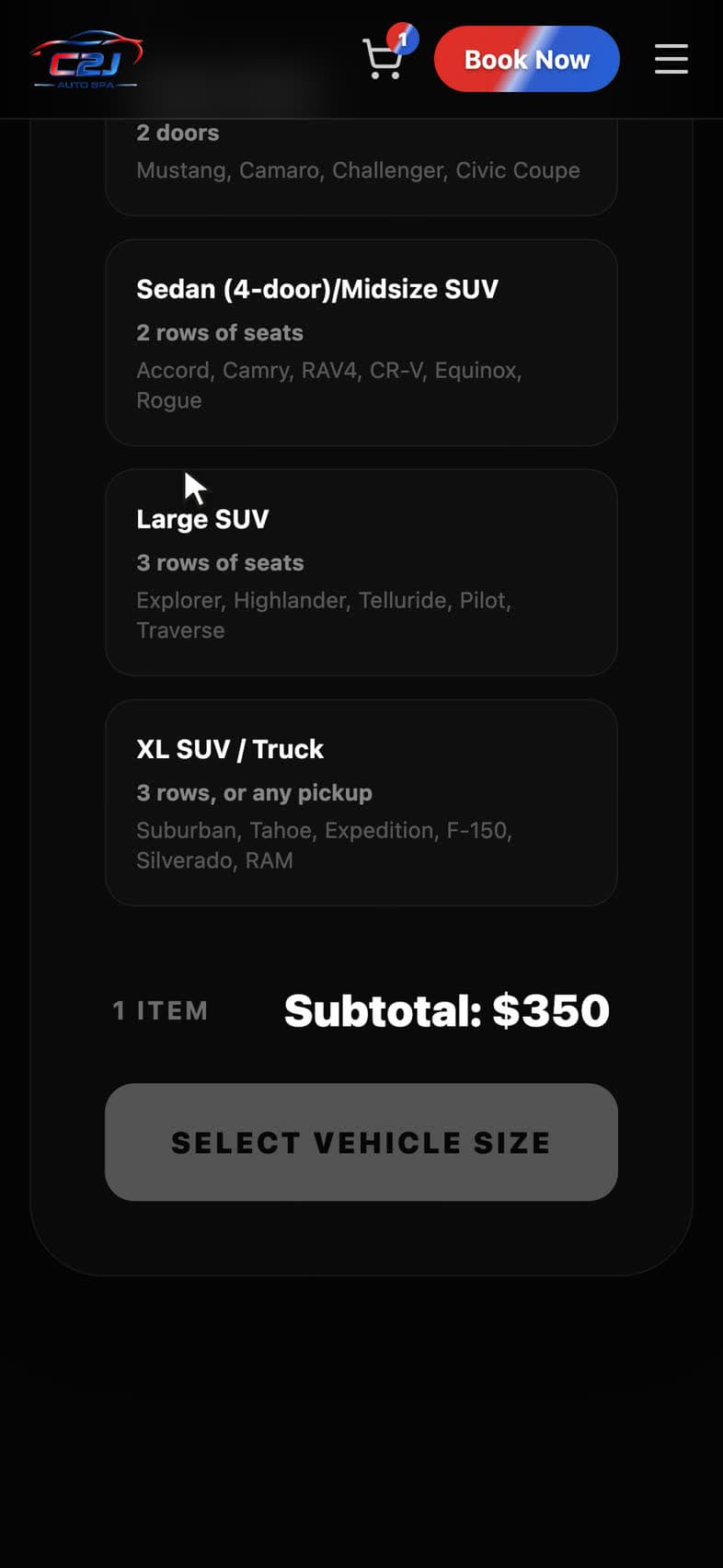 The C2J booking flow on a phone: choosing Signature Detail at $350, then a Large SUV, which moves the subtotal to $450 and activates Continue