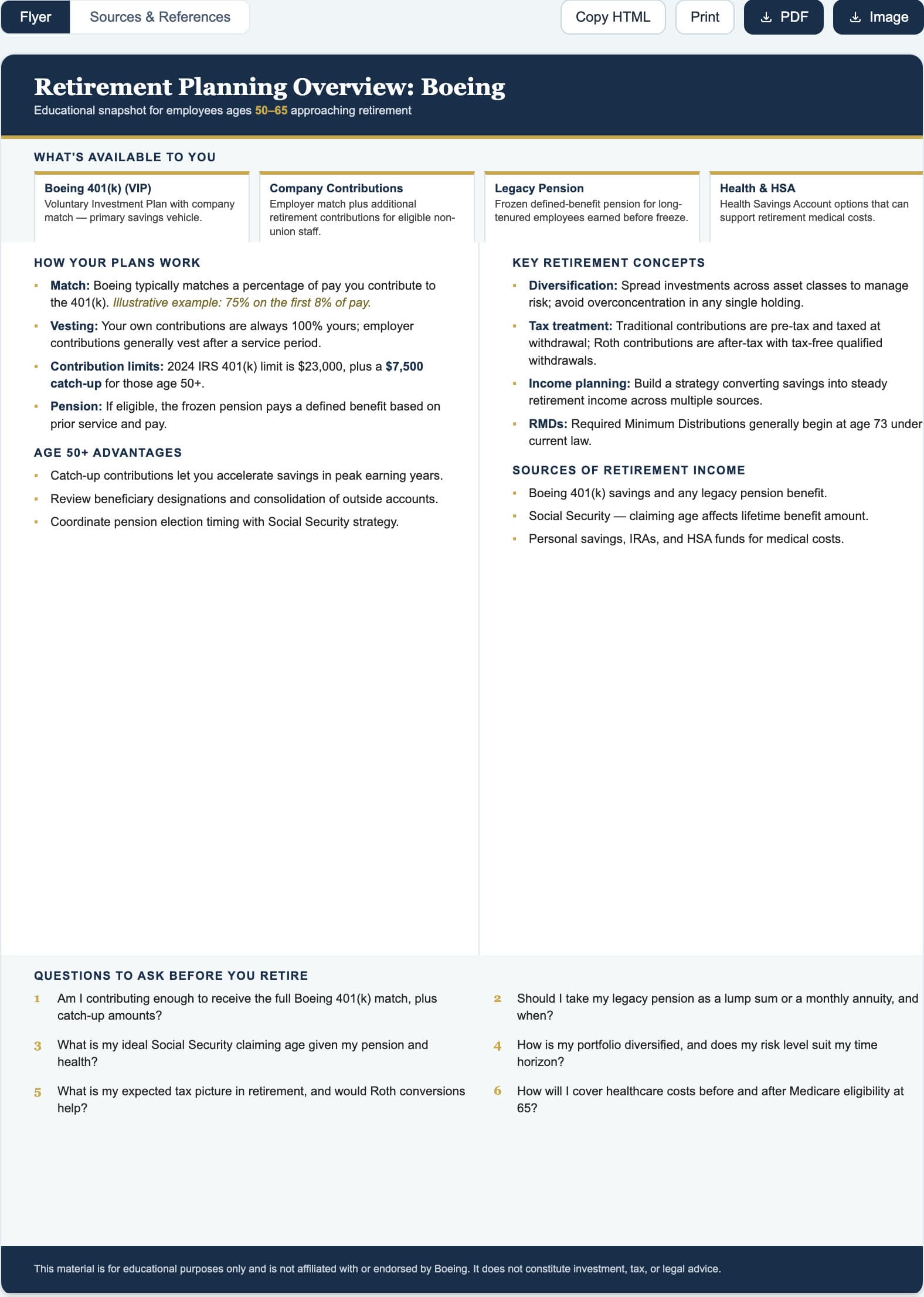 A generated one-page retirement plan overview for Boeing