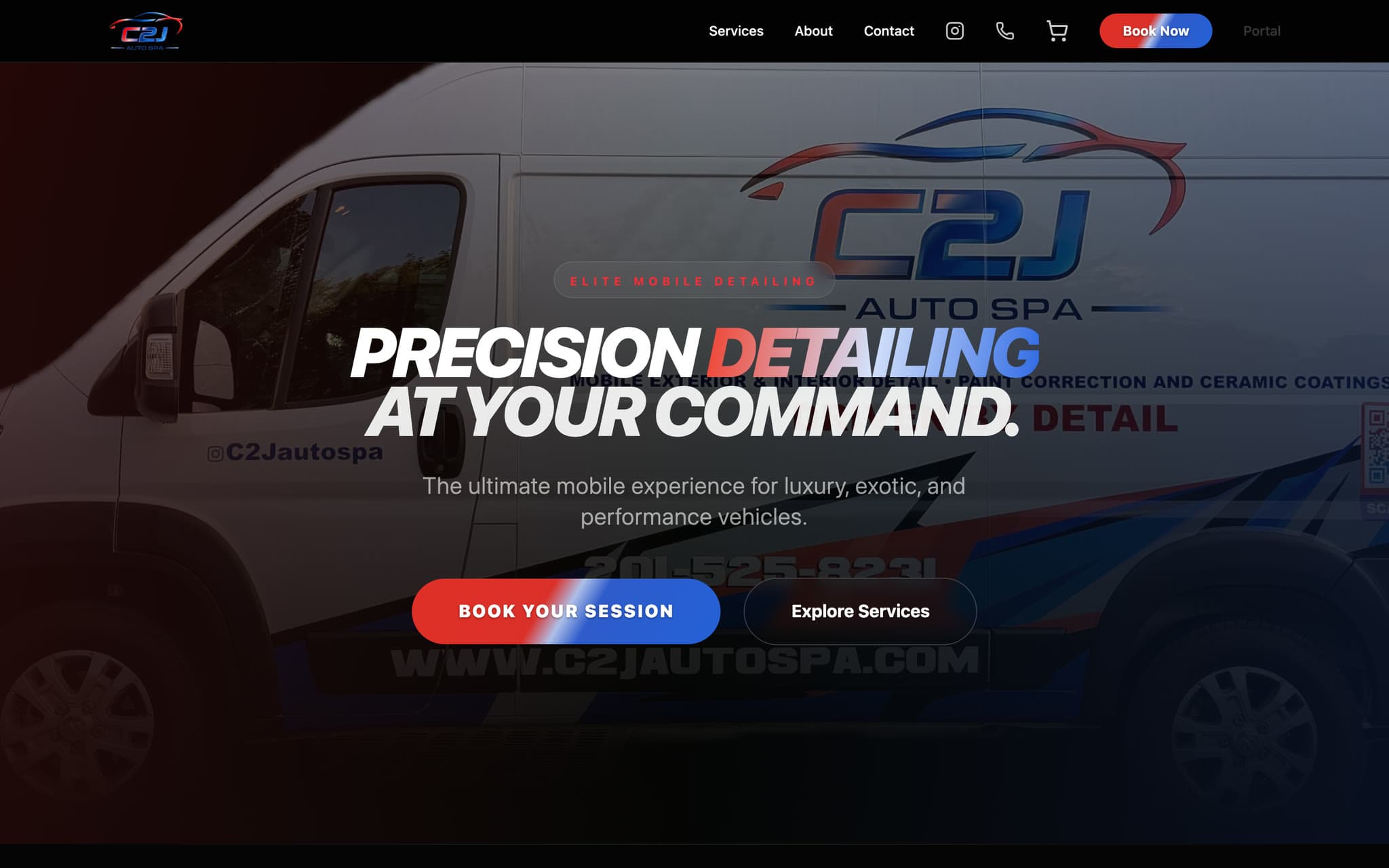 The C2J Auto Spa homepage, with a booking call-to-action over a photograph of their branded van