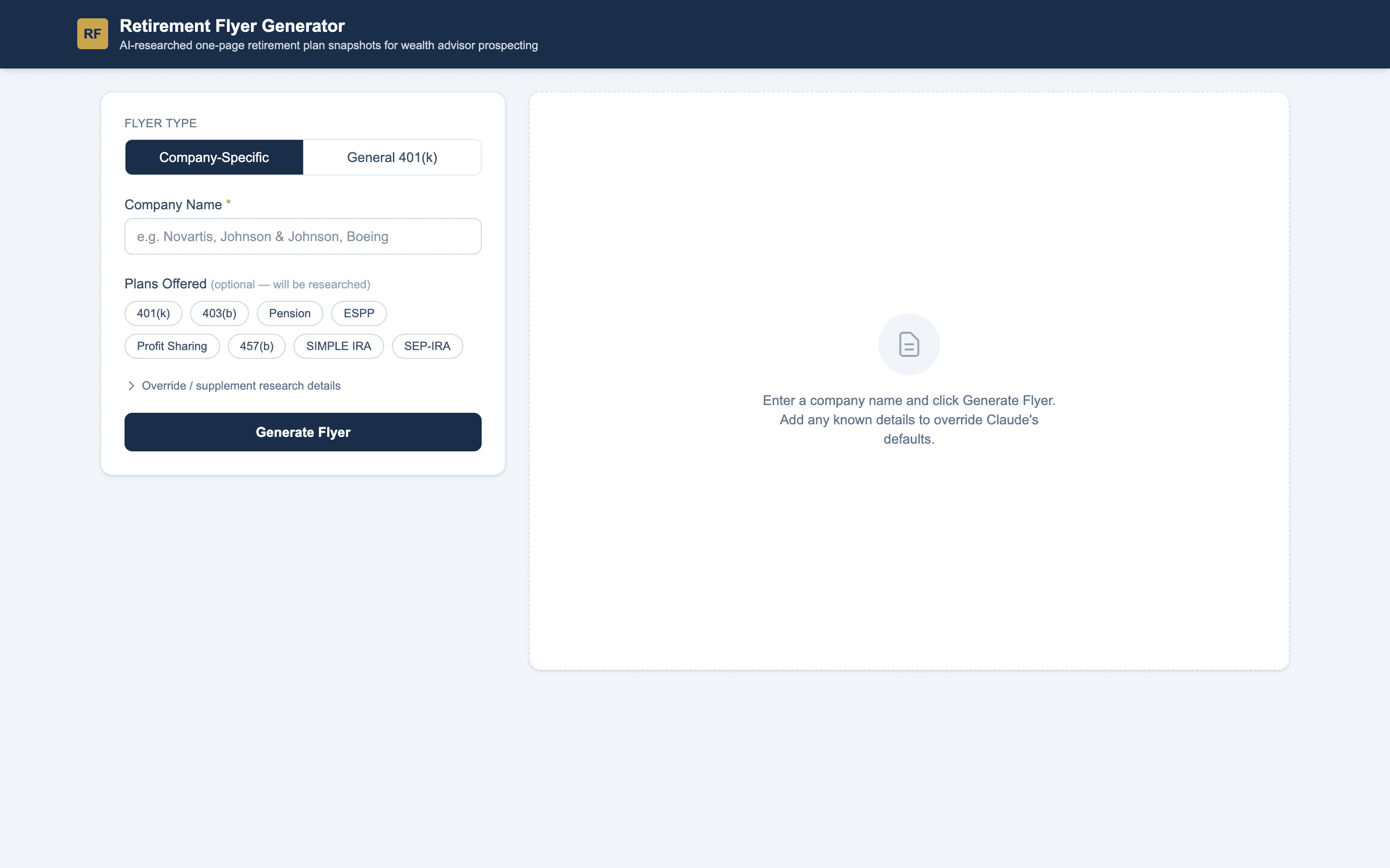The Retirement Flyer Generator, showing the company input form beside an empty flyer preview pane