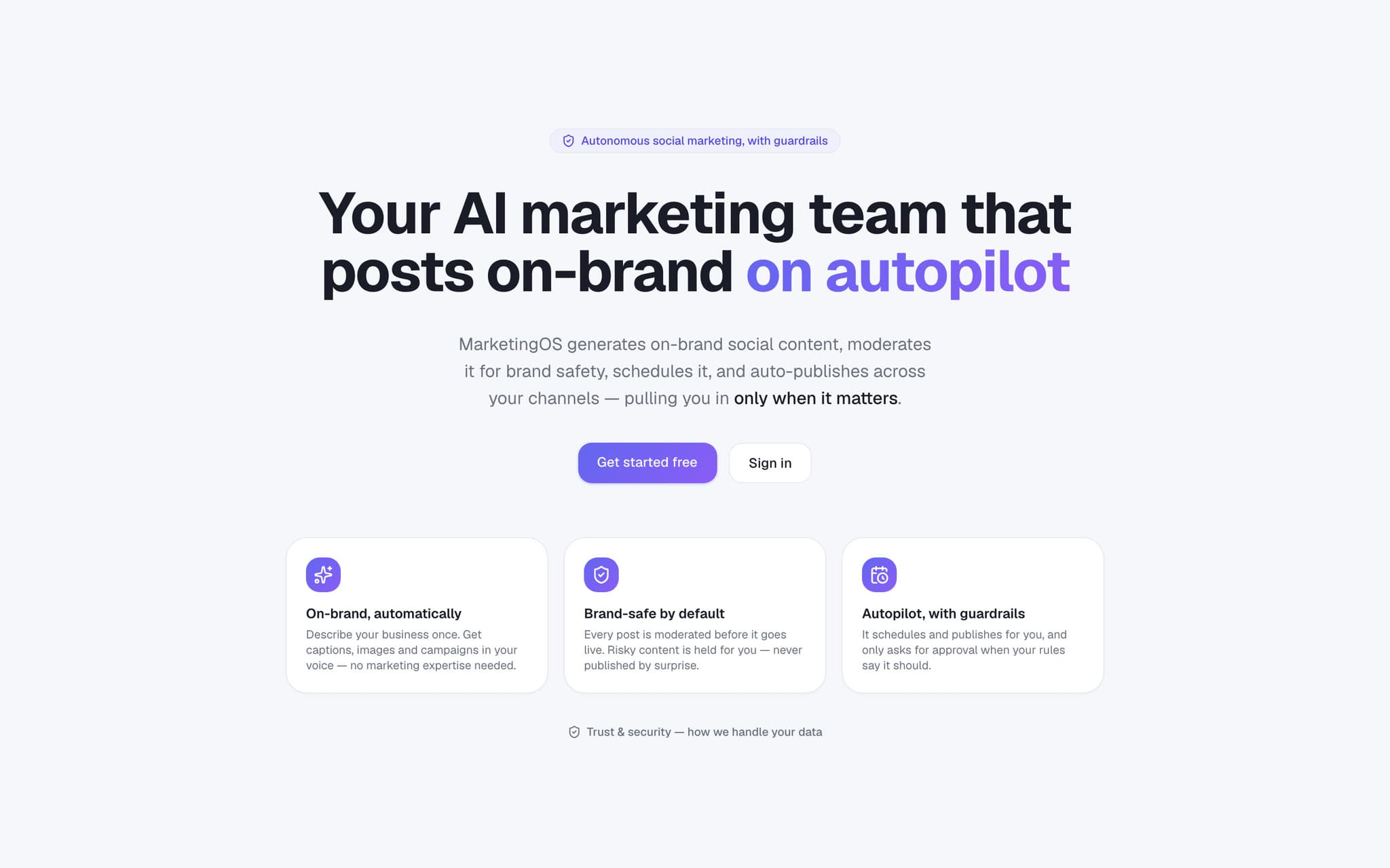 The MarketingOS home page: the headline “Your AI marketing team that posts on-brand on autopilot” above three cards describing on-brand generation, brand-safe moderation and publishing with guardrails.