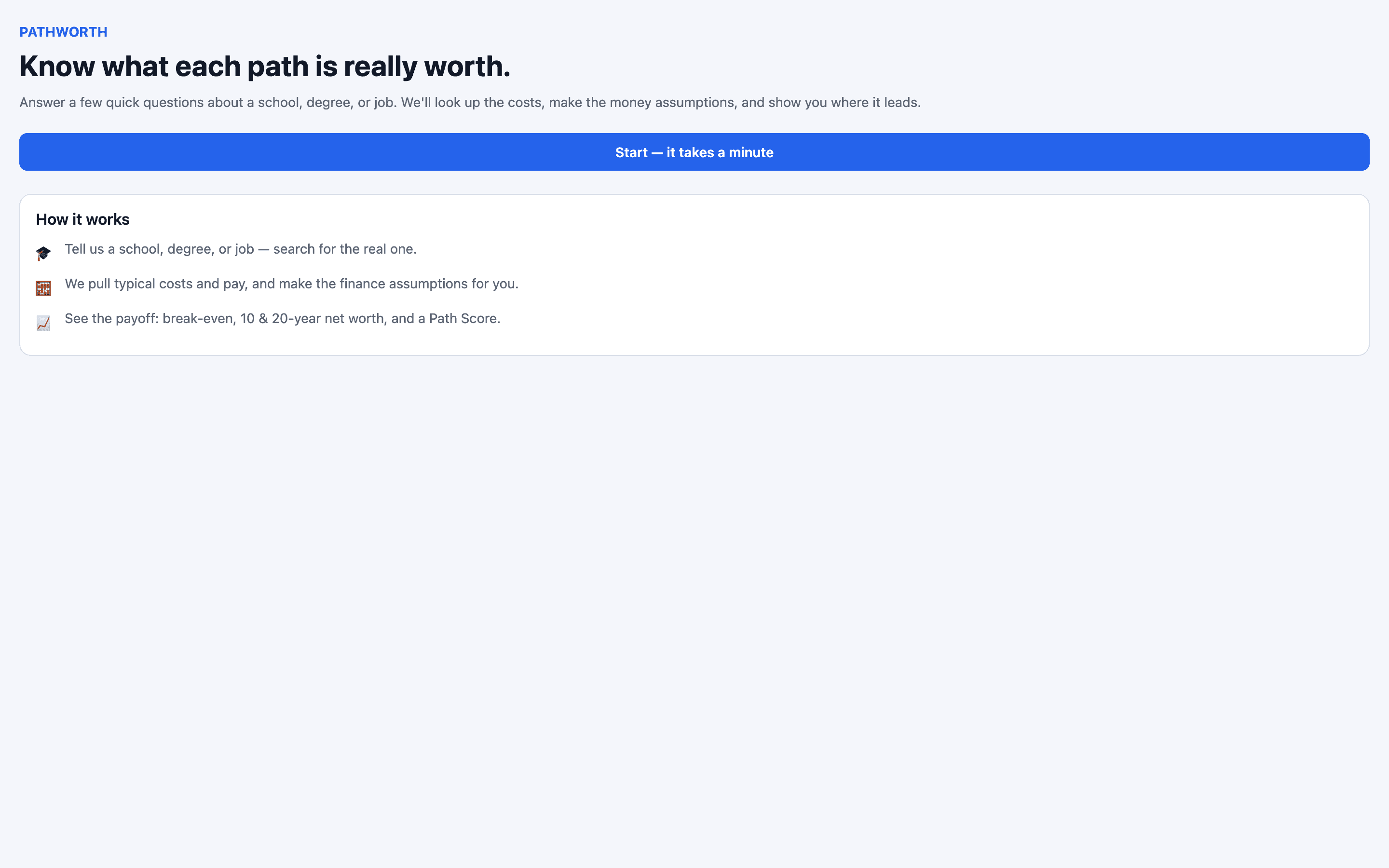 The Pathworth home page — what a school, degree or job is actually worth.