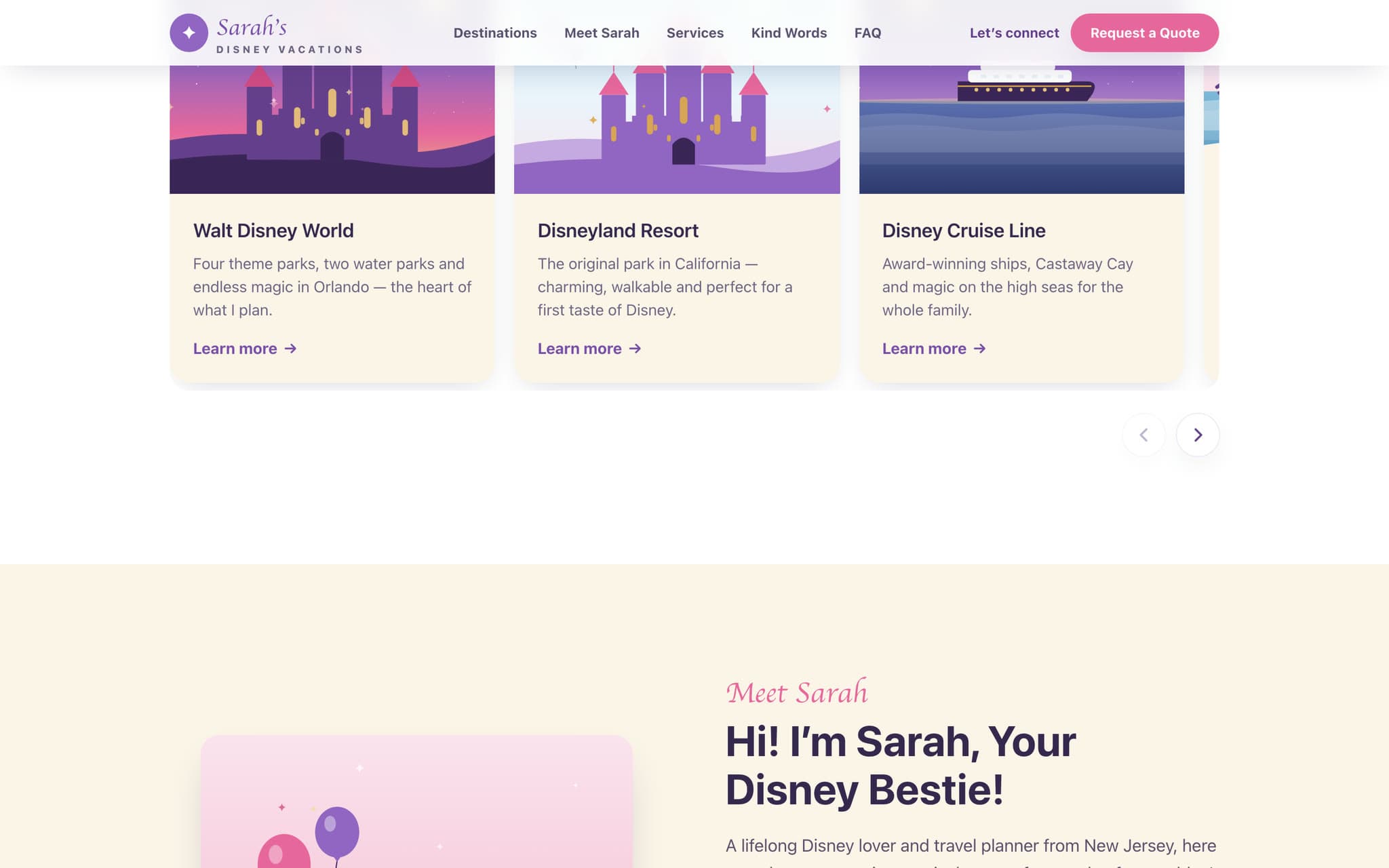 Sarah's Disney Vacations destination cards, each with hand-drawn castle and cruise ship illustrations