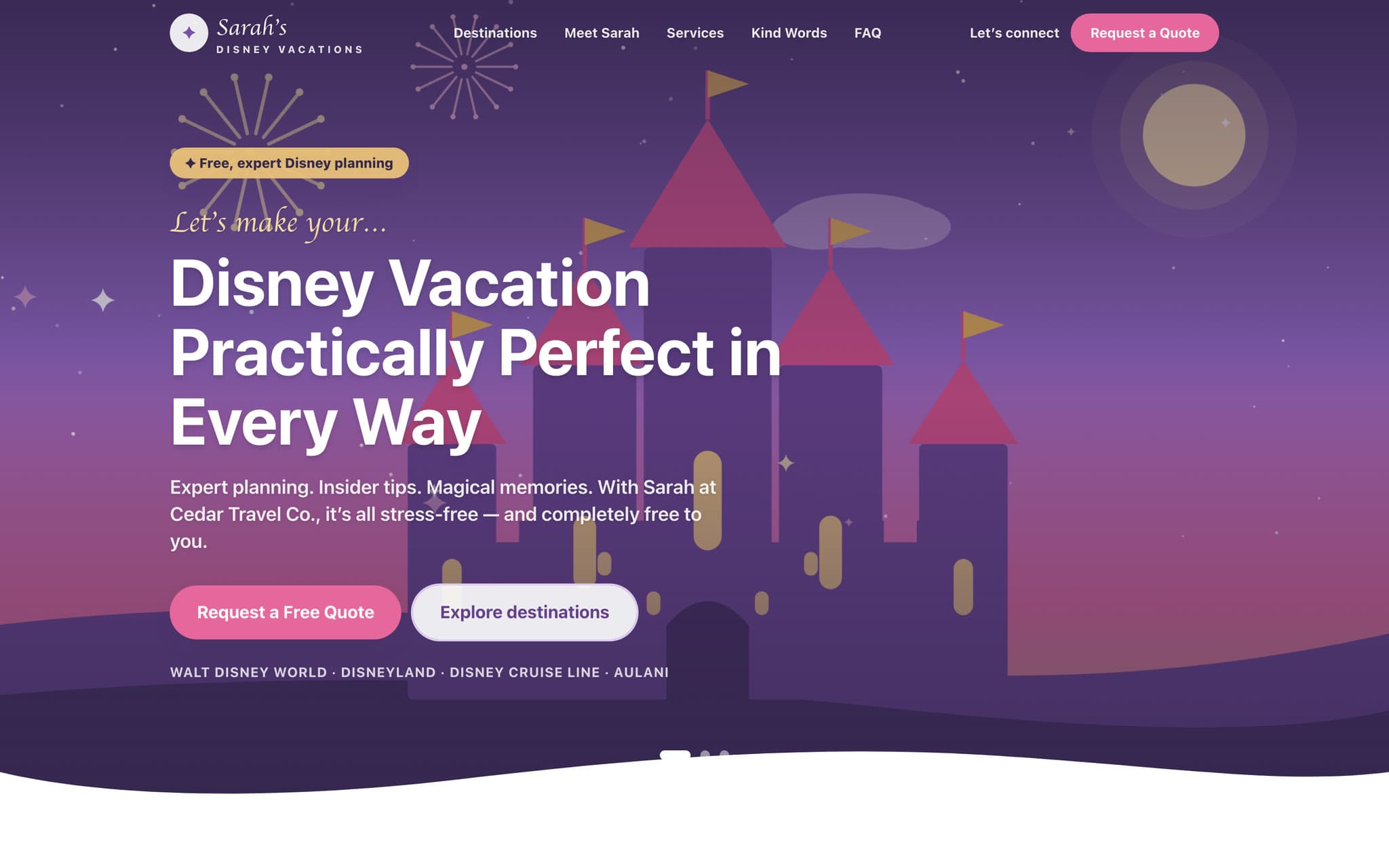 The Sarah's Disney Vacations home page — marketing site for an independent disney travel agent.